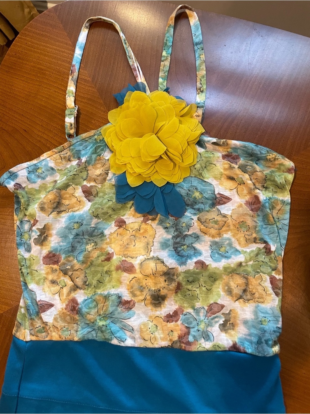 Lulumari Floral Sundress with Yellow Bloom and Teal Hem